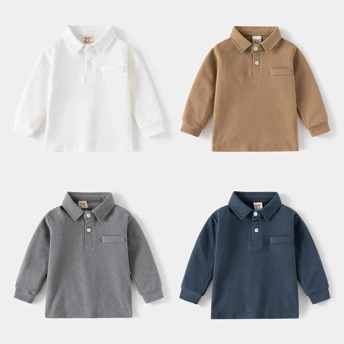 Boys autumn spring long sleeved pure white gray polo shirt childrens clothing 3 4 5 6 7 8 9 years old childrens top clothing direct shipping W241223