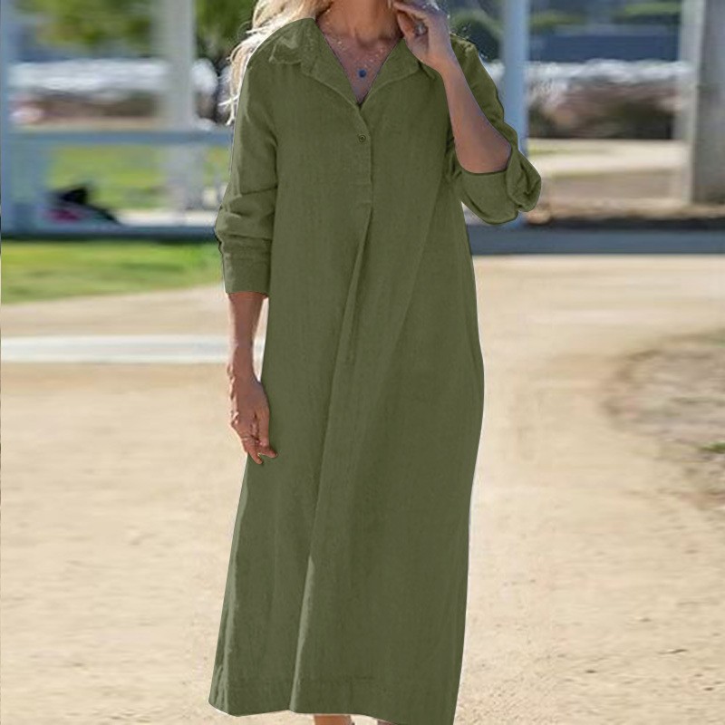 P06888 solid color cotton and linen long-sleeved lapel shirt group ladies fashion casual A-line group loose robe dress