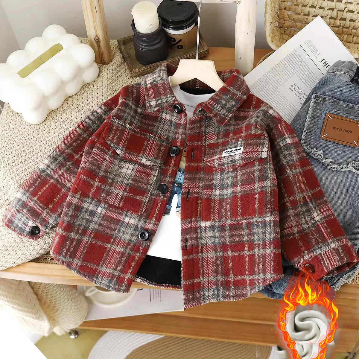 Autumn Winter Children Boys Overcoat Turndown Collar Single Breasted Kid Girls Plaid Coat Thicken Velvet Warm 1-12Y Girls Jacket 241223