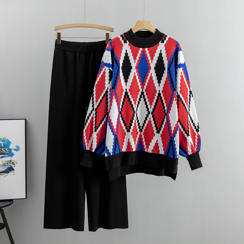 Women Knitted Two Piece Set 2023 Fashion Autumn Winter Loose Trousers Suit Casual Long Sleeve Top With Wide Leg Pants Outfits