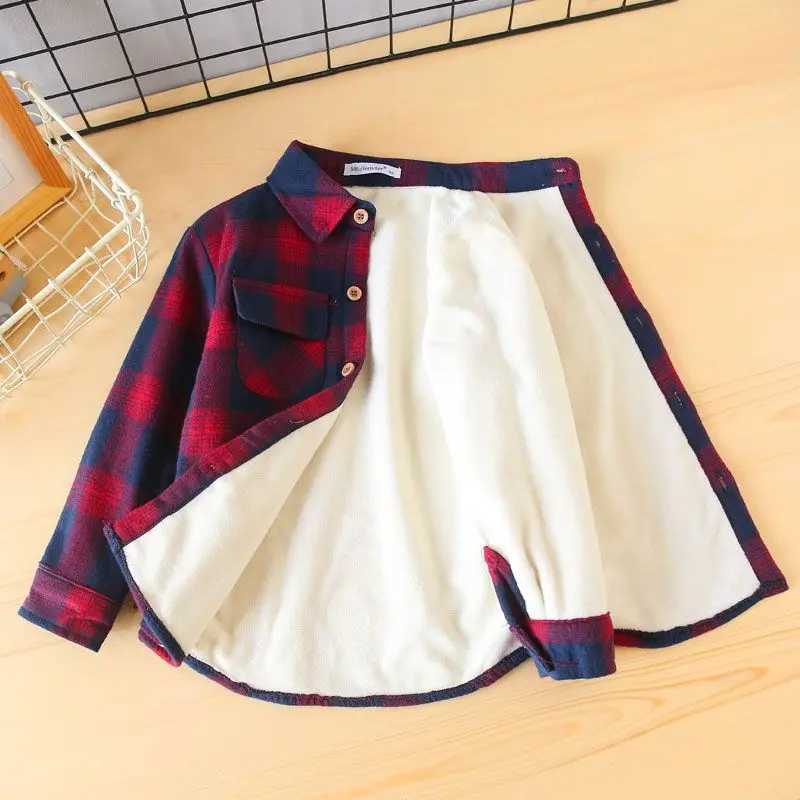 Boys wool checkered polo shirt baby thick warm long sleeved top pure cotton jacket fashionable Korean sled childrens clothing W241223