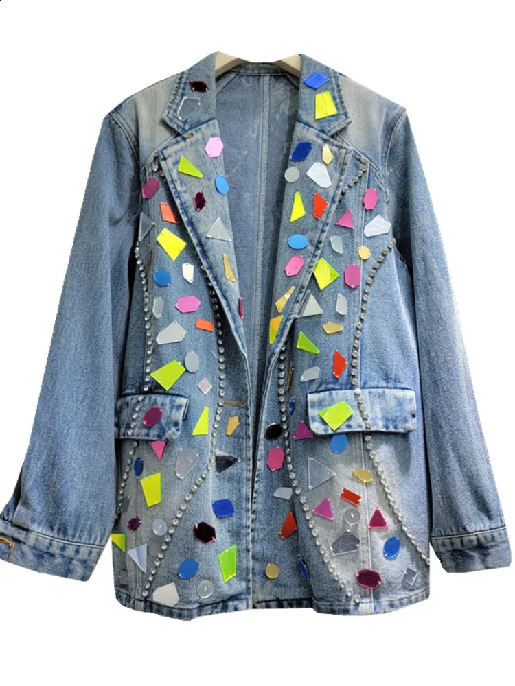 EWQ Colorful Handmade Washed Diamond Inlaid Denim Jackets For Women Fashionable Loose Outerwear Coat Spring Autumn 6U8767 241223