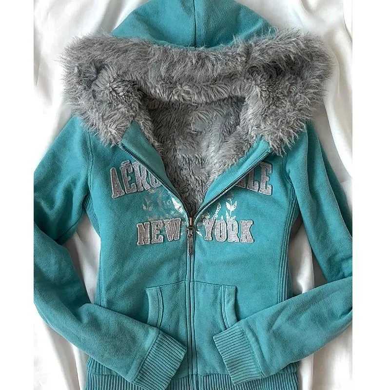 Women's Hoodies Sweatshirts Y2K American Blue Zipper Open Jacket Hoodie Womens Oversized Gothic Retro Strt Warm H241224