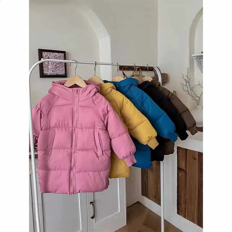 Girls Winter Coat Boys Padded Thickened Warm Long Outerwear Children Solid Color Hooded Clothes Jacket 2-8 Years Old 241223