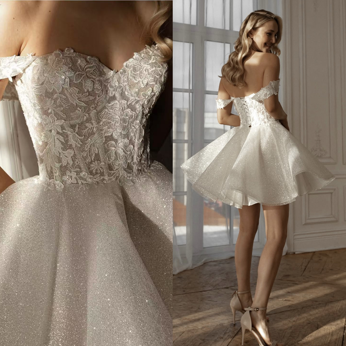 Short Glitter Sequined Wedding Dresses Lace Appliques Off Shoulder A E Garden Bridal Gowns Ivory Mini Vestido De Novia Back Lace Up