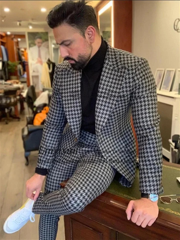 2 Piece Houndstooth Mens Suit Casual Business Slim Fit Blazer Male Winter Prom Groom Wear Tuxedo Set Terno Masculino JacketPant 241220