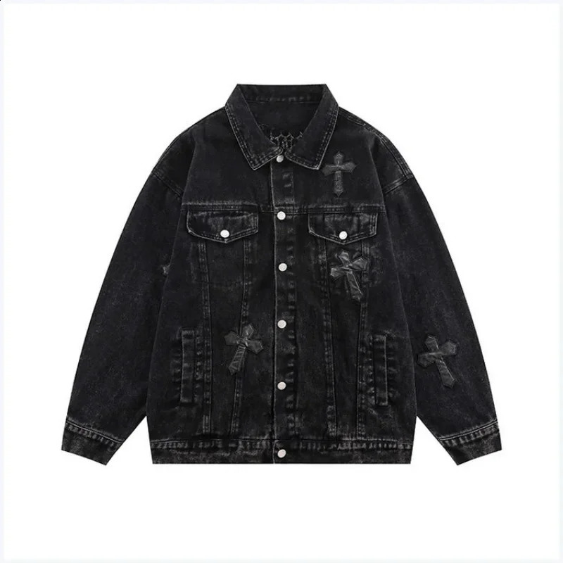 American cross stitch denim jacket womens trend loose denim jacket womens street casual jacket 241219