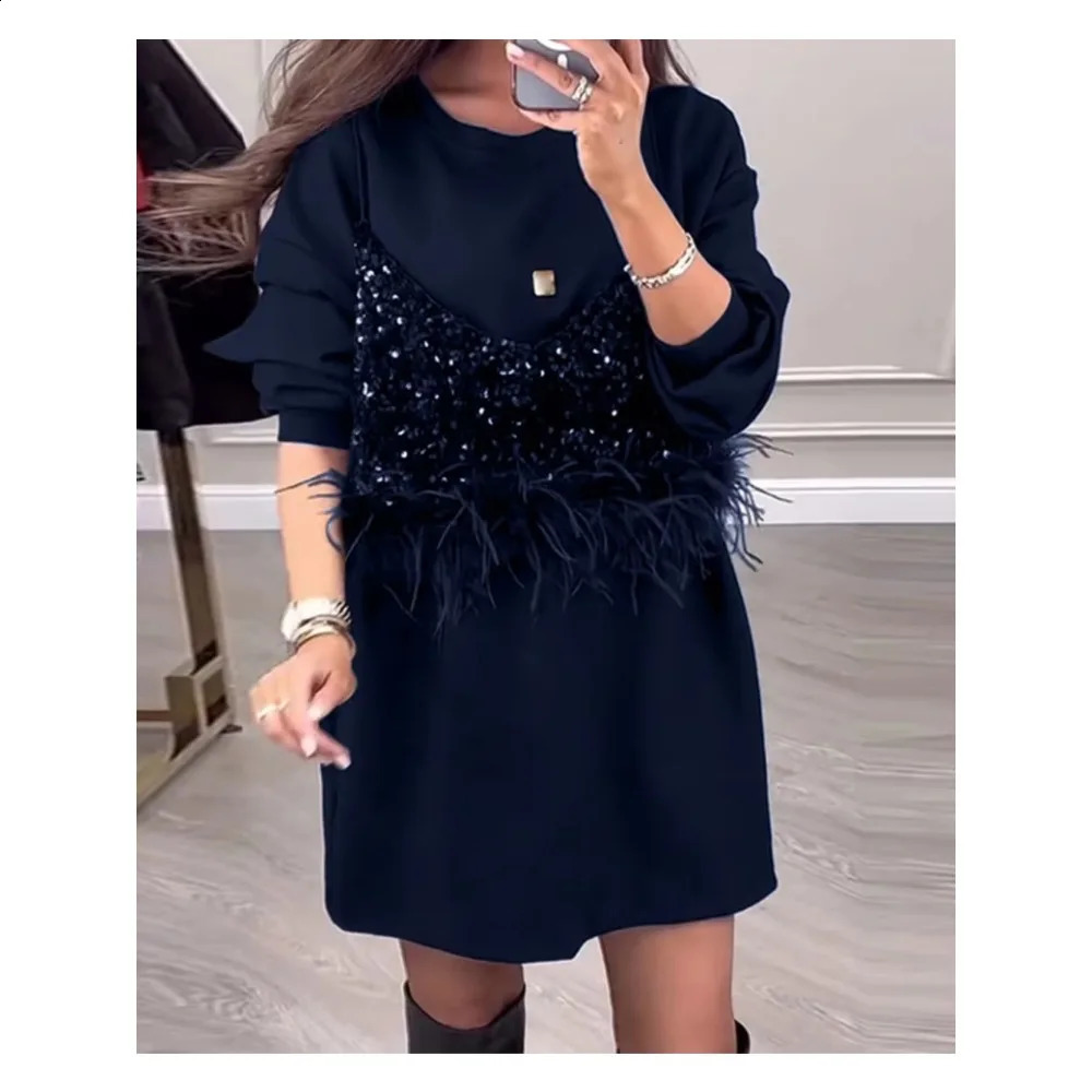 Autumn and winter fashion sequined feather dress for womens casual round neck long sleeved sequined feather straight tube dress for women 241223