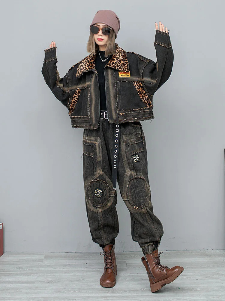 Personalized Trendy Denim Patchwork Leopard Print Double-sided Thick Jacket Women Winter LX2482 241223