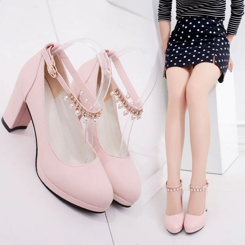 Womens wedding shoes bead ankle strap elegant mid high heels dress platform bride pearl pump 8cm autumn leather 241223