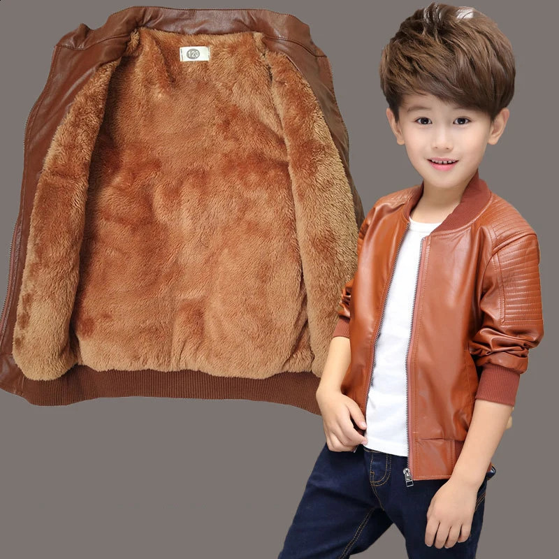 Plus Velvet Warm Autumn Winter Leather Jacket For Boys Coat Fashion Waterproof Children Outerwear 2-13 Year Teenage Kids Clothes 241223