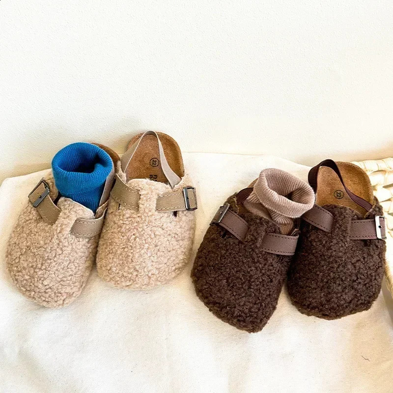 Childrens Fleece Elastic Clogs Baby Boys Girls Plush Slipper Toddler Prewalker Footwear Winter Warm Soft Sole Shoes 241223