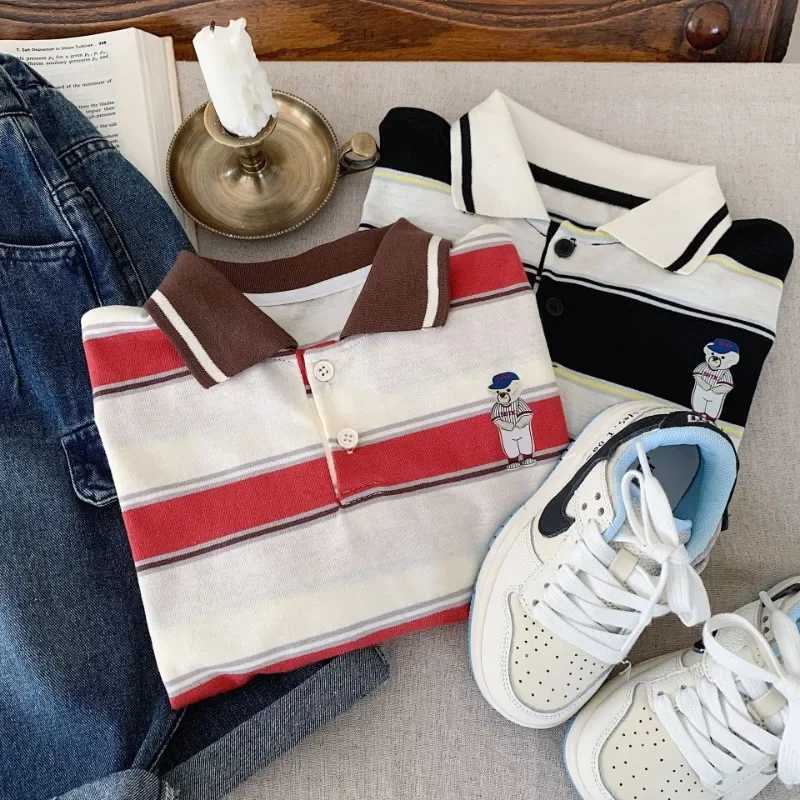 Spring and autumn childrens polo shirt Korean long sleeved boys striped collar T-shirt girls long sleeved top W241223