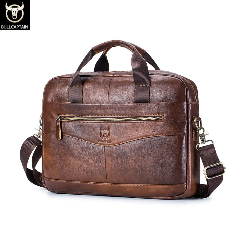 BULLCAPTAIN Shoulder Messenger Genuine Leather 14-inch Laptop Bags Mens Briefcase Office Business Handbag 241224