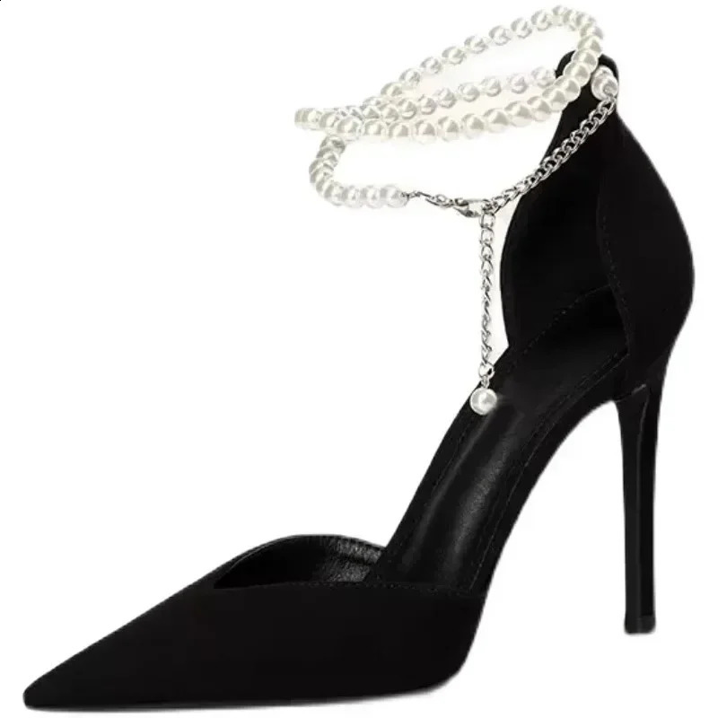 Black high heels pump slim heels pearl ankles high-end shoes fashionable and comfortable womens shoes 241223