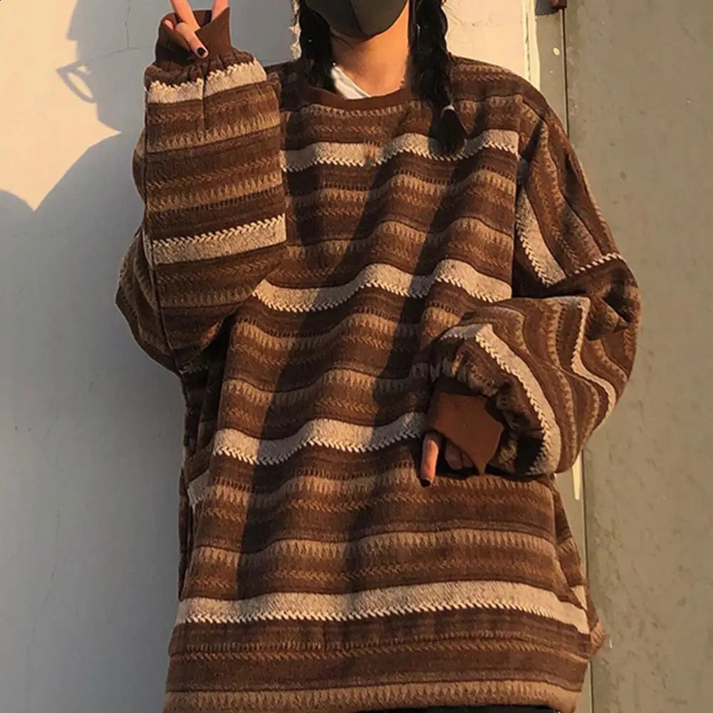 Women Round Neck Sweater Stripe Vintage Style Slouchy Oversized Fall Soft For Daily Wear Long Sleeve Oversize Pullover 241220
