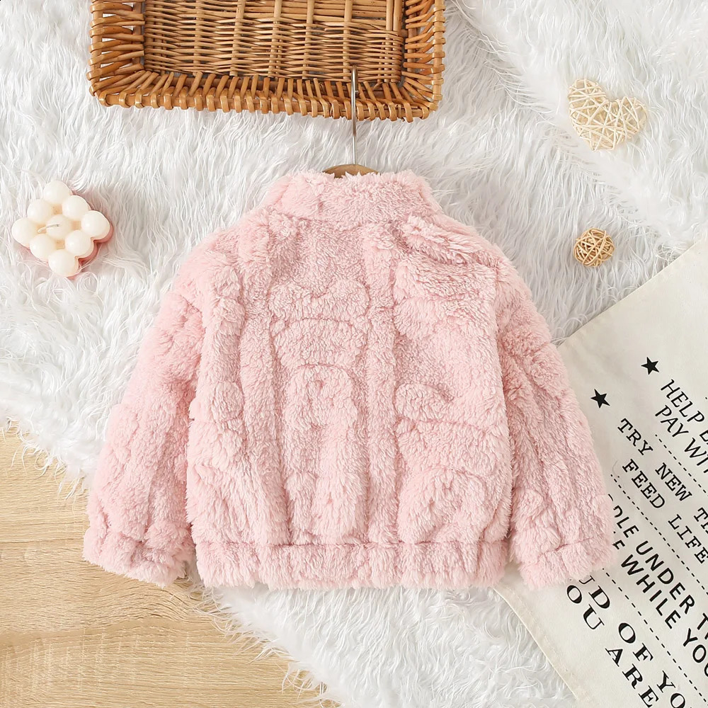 Baby Girl Princess Pink Fleece Jacket With Love Pattern Toddler Child Warm Coat Stand Collar Outwear Winter Baby Clothes 241223