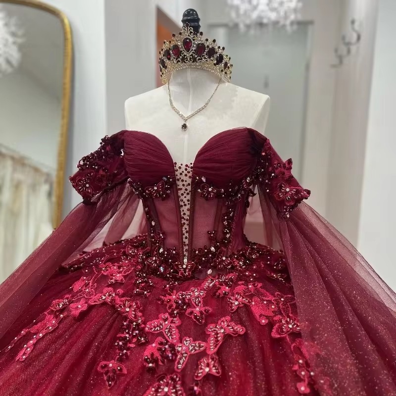 Bury Quinceanera Ball Gown With 3D Appliques, Lace Up Cape, Prom Party Dress, Vestidos De Festa