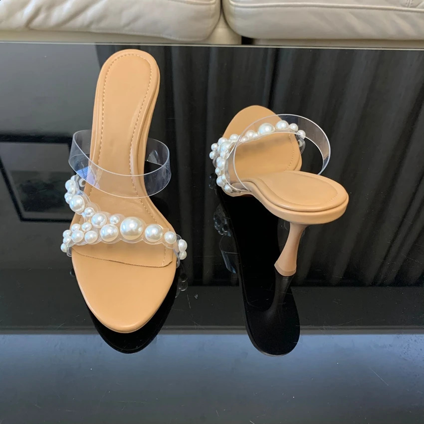 Summer Womens Pump Fashion High Quality Shoes Womens Pearl Stud Leather Toe High Heels Sandals 241223