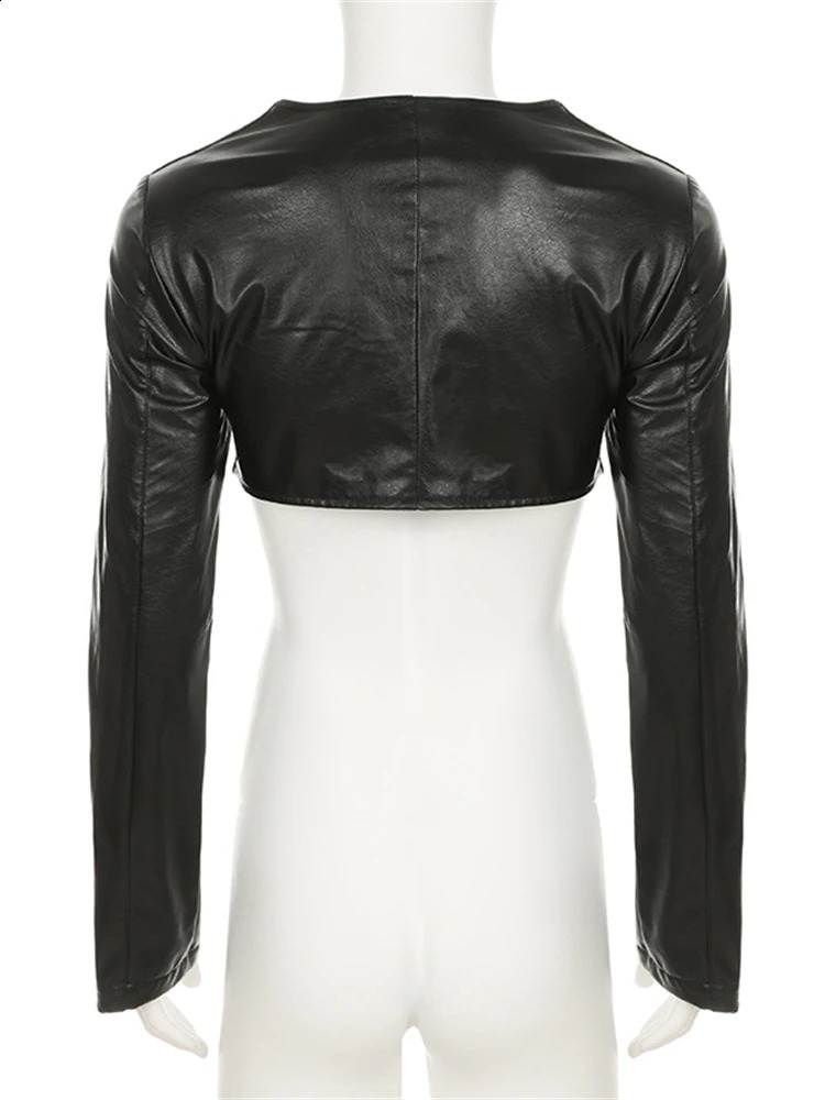 Habbris Spring Womens Black Faux Leather Crop Top Rock Rave Outfit 2025 Trendy Studded Long Sleeve Sweetheart Neck Racing Jacket 241218