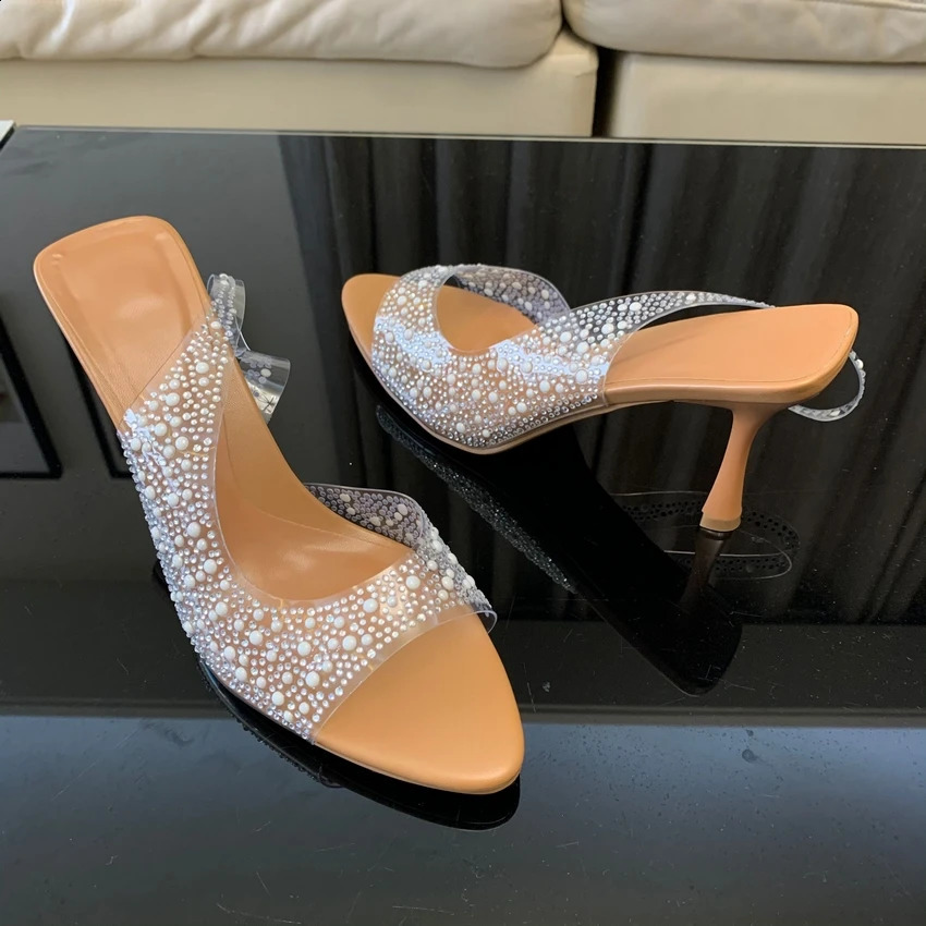 Summer Fashion Womens High Heels Pearl Decorative Elastic Back Womens Pump Leather Toe High Heels Sandals Elegant Womens Shoes 241223