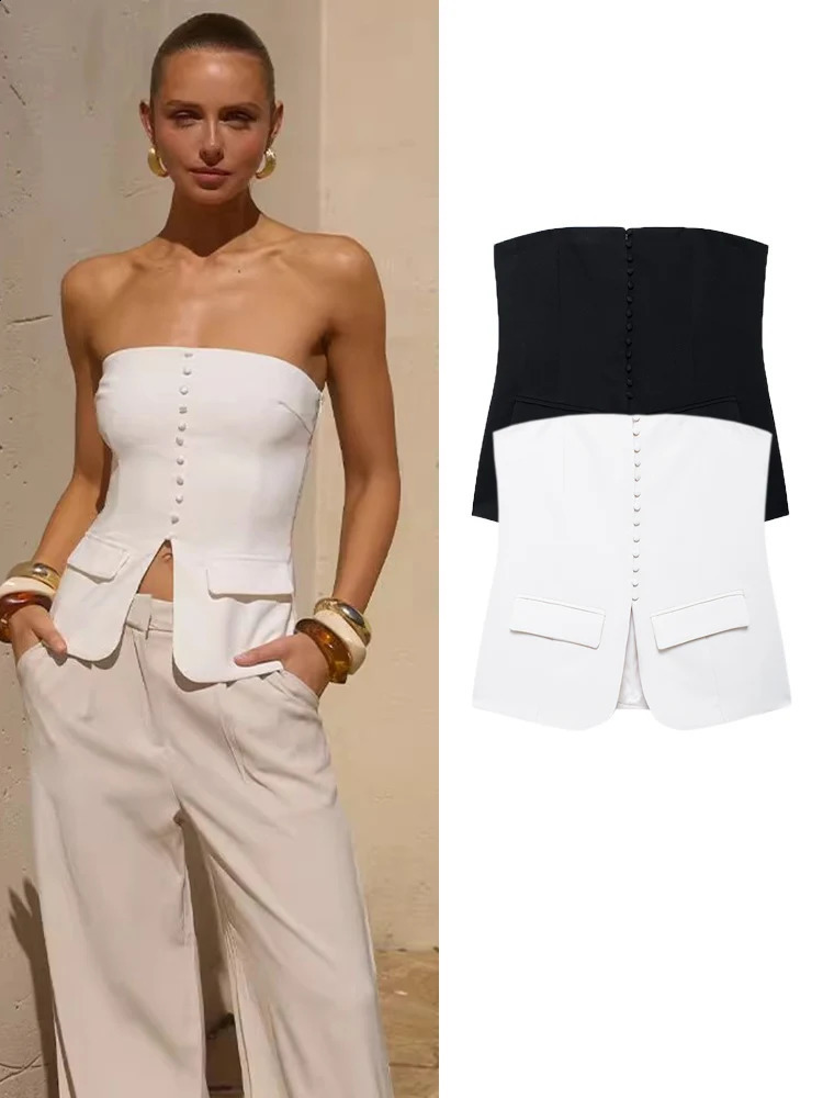 TRAF Women Fashion Solid Bustier Suit Corset Tank 2024 Strapless Sleeveless Female Chic Lady Casual Tops Vest 241220