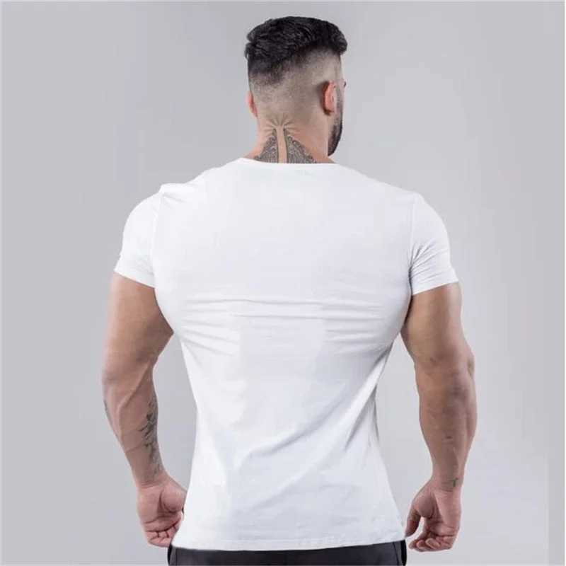 Cotton gym T-shirt mens summer fitness clothing V-neck short sleeved T-shirt slim fit T-shirt fitness training T-shirt top W241223