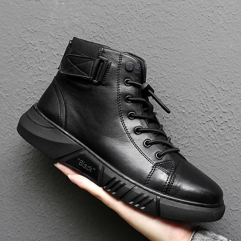 Black Ankle Pu Leather High Casual Shoes For Men Autumn Comfort Platform Boot Winter Fur Boots Botas De Trabo Hombre