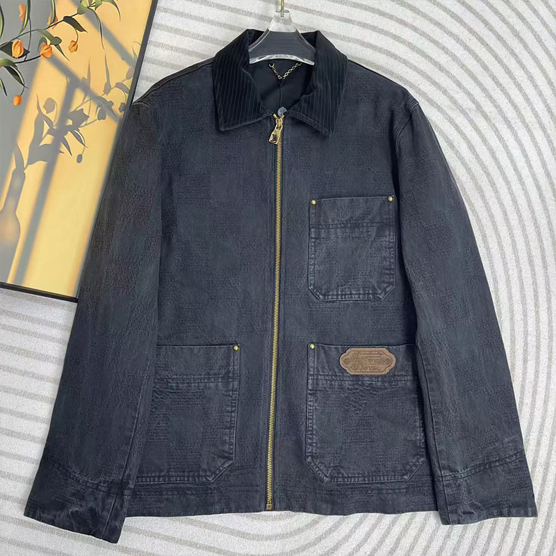 Designer jacket washed unlined lapel zipper leather logo denim jacket for both men and women