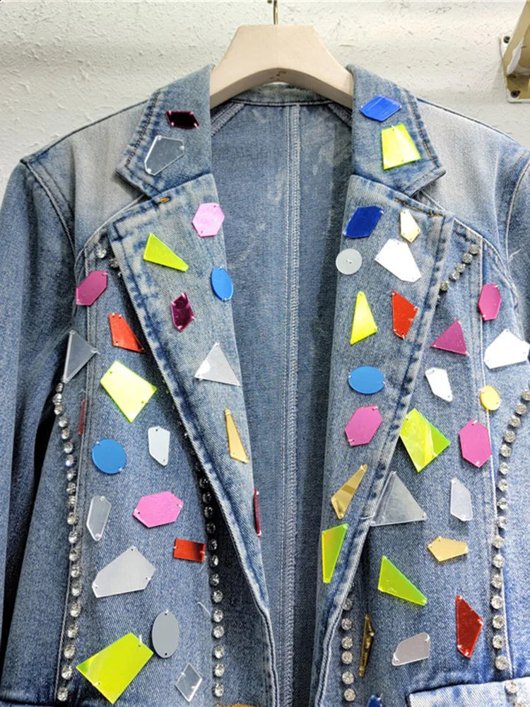 EWQ Colorful Handmade Washed Diamond Inlaid Denim Jackets For Women Fashionable Loose Outerwear Coat Spring Autumn 6U8767 241223