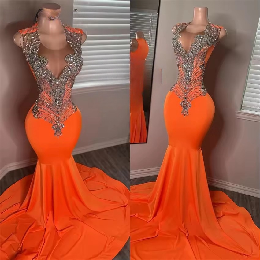 Exquisite Orange Long Prom O-Neck Birthday Party Gown Glitter Bead Dias Crystals Evening Dresses Customized 2025 0227Lz