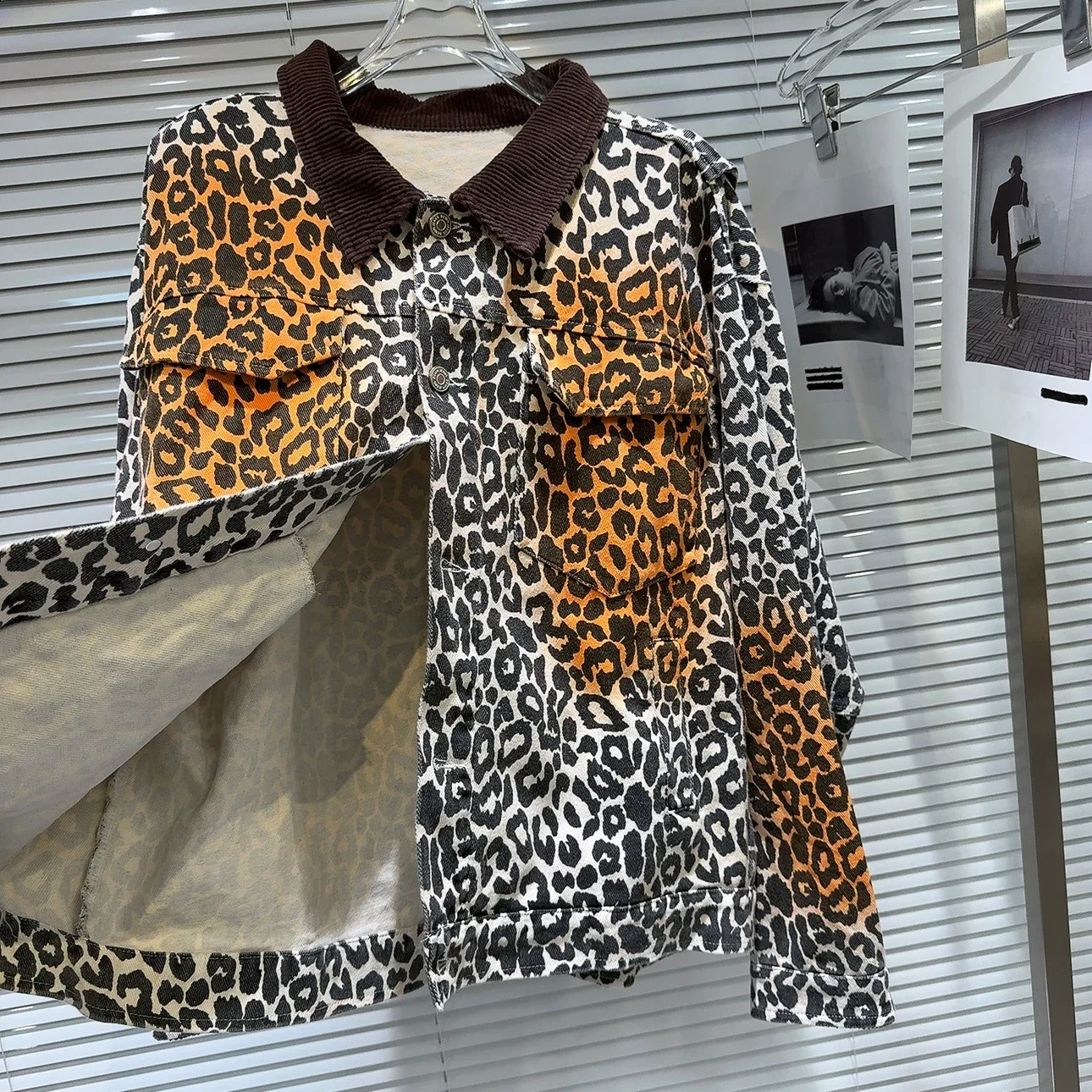 Autumn American Sexy Velvet POLO Collar Leopard Print Denim Jacket Street Hipster Long Sleeve Loose Jacket Women 241223