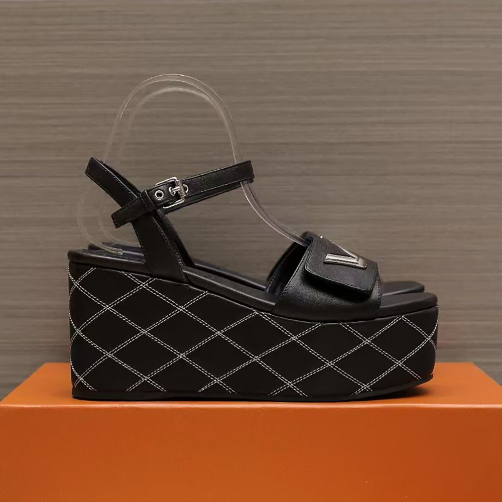 Women's Super High wedge platform sandals Genuine Leather ankle strap Metal buckle decoration exposed toe Flats shoes luxury designer high heels 35-42 with box
