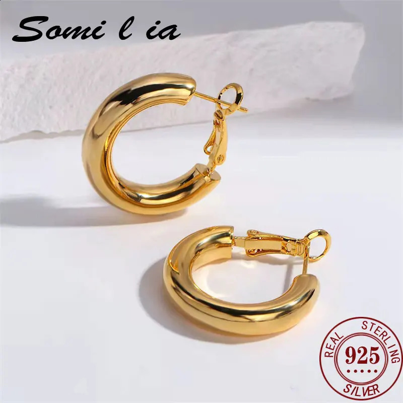 Somilia Golden Earrings for Women 925 Sterling Silver Hoop Earring Fashion Big Smooth Circle Vintage Wedding Party Jewelry 241224