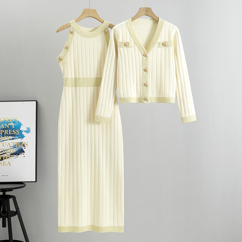 Elegant Womens 2023 Korean Fashion Knitted Cardigan Sleeveless Two-Piece Set New V-Neck Casual Dress Sets