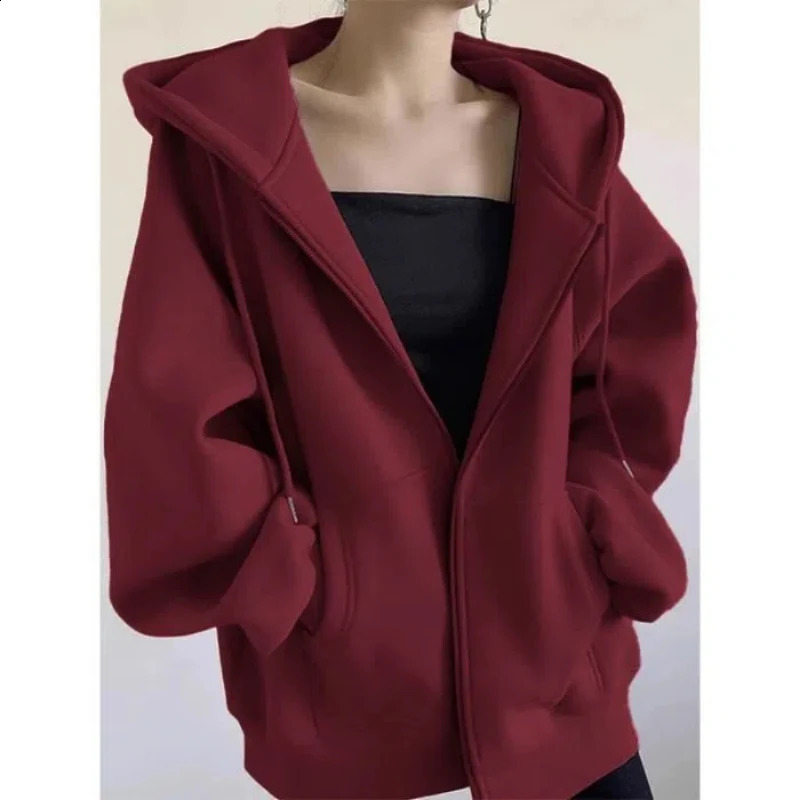 Autumn and Winter Plush Thick Hoodie Hoodie Zipper Womens Loose Sweater Lazy Style Simple Full Match Top 241224