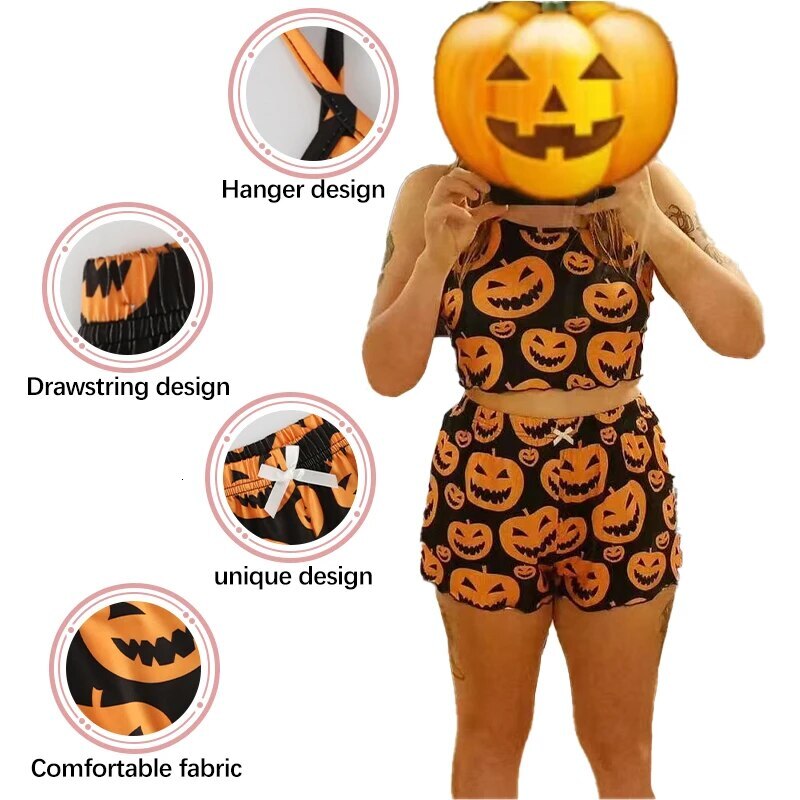 Halloween Pama Set Spooky Head Print Round Neck Camisole Top And Pumpkin Lettuce Side Shorts Homewear Pa