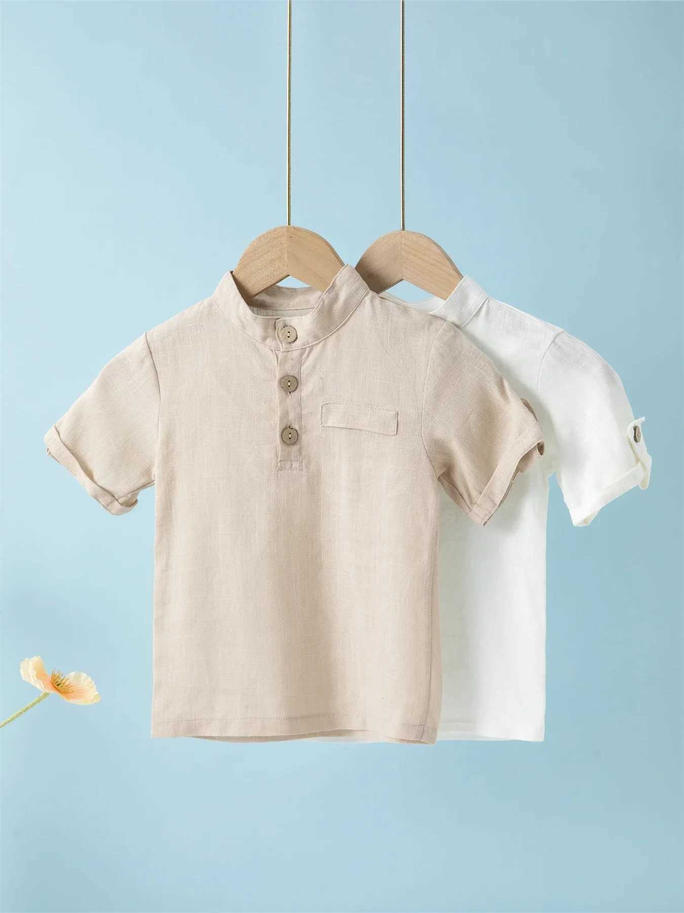 Short sleeved childrens polo shirt casual Mandarin collar solid color cotton linen blend thin summer W241223