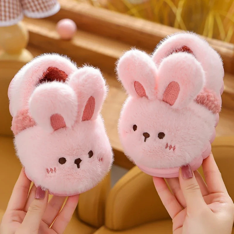 Childrens Cartoon Animals Heel Wrap Plush Slippers Soft Sole Non-slip Winter Warm Baby Boys Girls Indoor Home Cotton Shoes 241223