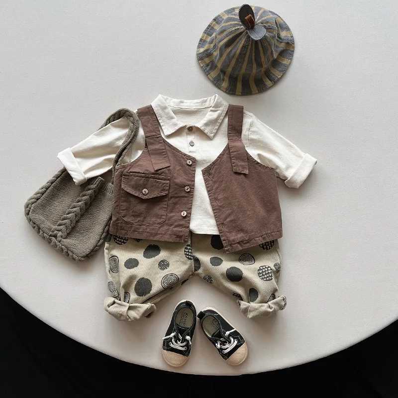New Spring 2024 Childrens Baby Boys Casual Clothing Childrens Solid Color Polo Neck T-shirt Childrens Full Set Clothing 6M-6Y W241223