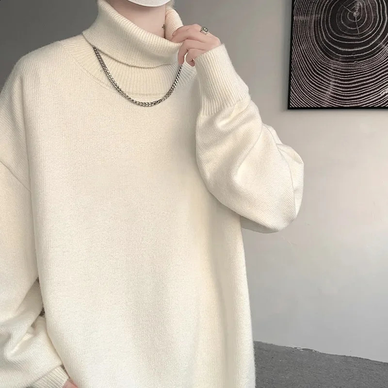 Large mens turtle neck sweater with inert style white knit autumn trend cashmere latte 8XL 7XL 6XL 5XL 241223