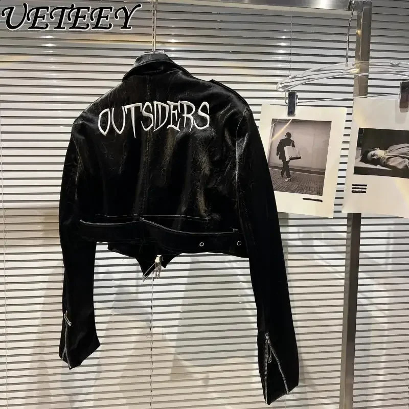 Autumn Locomotive Spice Girl Letter y Lychee Leather Glossy Black Jacket Womens PU 241218