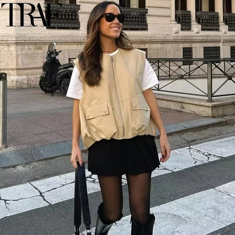 TRAF 2024 Womens Vest Cropped Sleeveless Jacket Women Stylish Pleated Black Short Coats Zipper Casual In Outerwears 241220