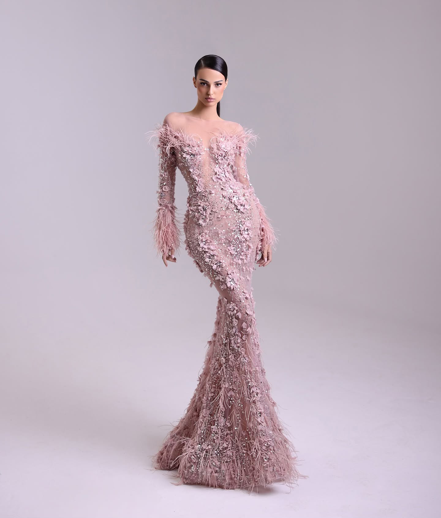 Gorgeous dust pink appliqued mermaid Evening Dresses feathers long sleeves gala women or length dresses for special ocns