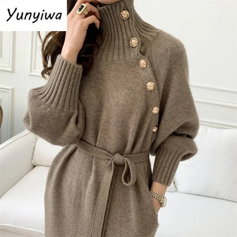Winter Turtleneck Buttons Women Knitted Dress Elegant Full Sleeve Laceup Female Thicken Long for Sweater Autumn 241218