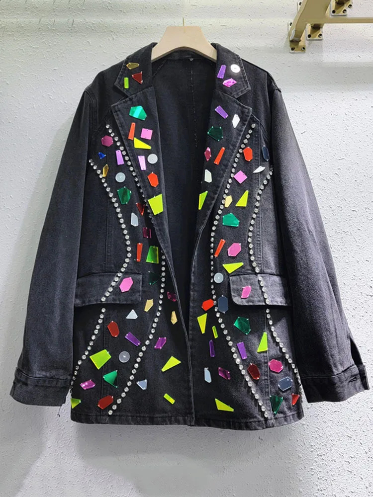 EWQ Colorful Handmade Washed Diamond Inlaid Denim Jackets For Women Fashionable Loose Outerwear Coat Spring Autumn 6U8767 241223