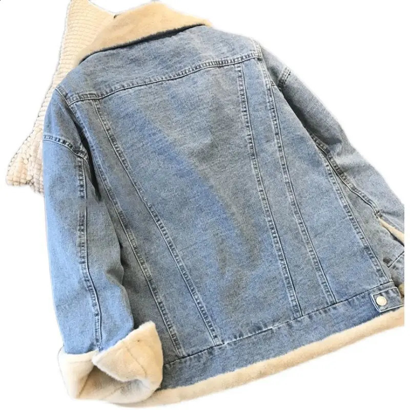 Winter thick denim jacket womens double-sided fabric cashmere jacket womens loose casual jacket womens collar long sleeved top 241219
