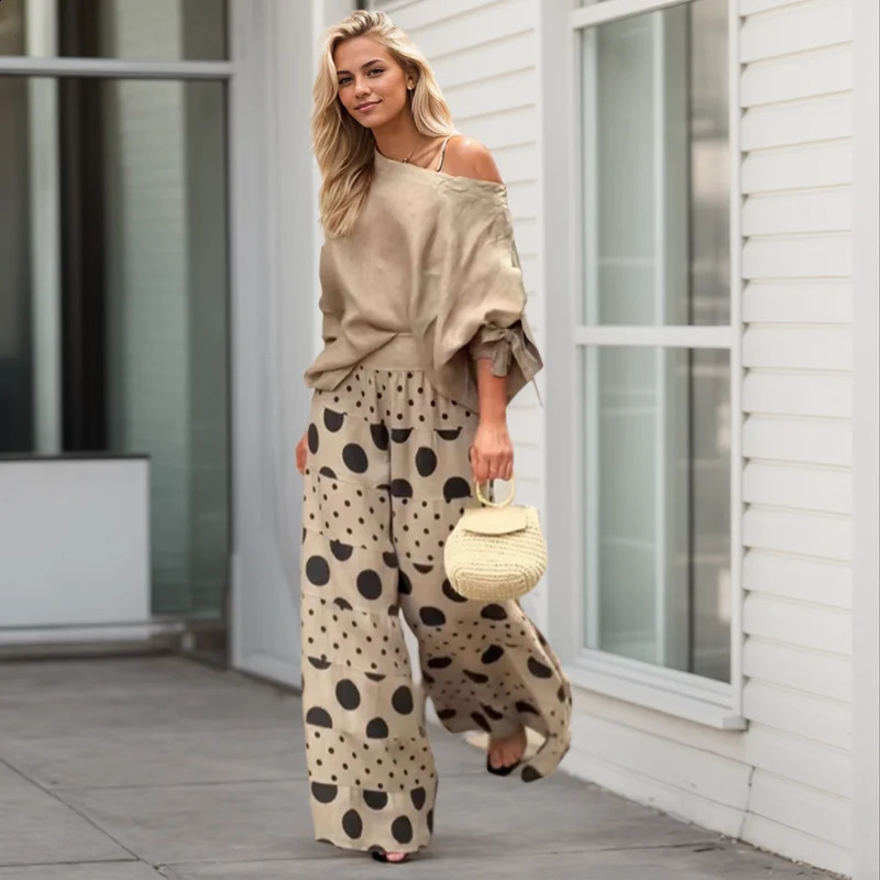 Fashion High Street Outfits Casual Diagonal Neck Hollow Top with Wide Leg Pants Sets Dot Prints Multilayer Splice Female 241220