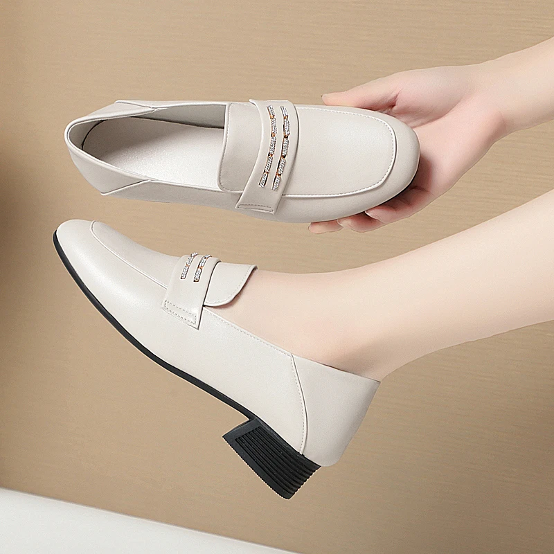 AIYUQI Women Shoes Genuine Leather Fall Square Head Thick Heel Women Loafers Shoes Large Size Fashion Ladies Peas Shoes