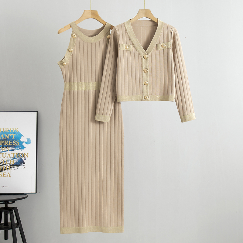 Elegant Womens 2023 Korean Fashion Knitted Cardigan Sleeveless Two-Piece Set New V-Neck Casual Dress Sets